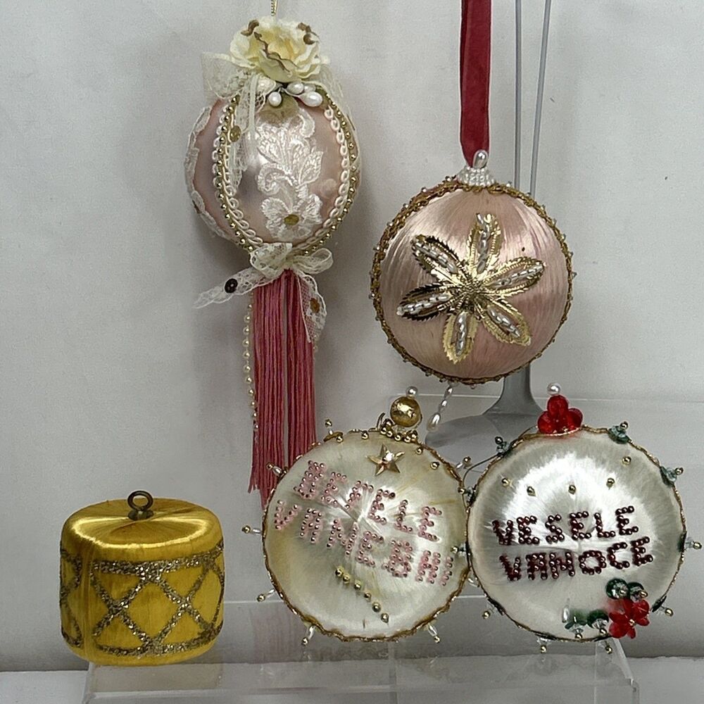Beaded Sequin Christmas Ornament Lot Push Pin Tassel Satin Jeweled Czech